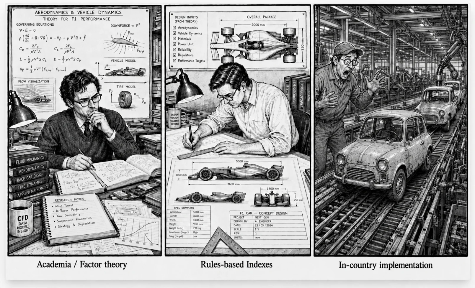 Viñeta sobre teoría académica, índices rules-based e implementación práctica en cada país