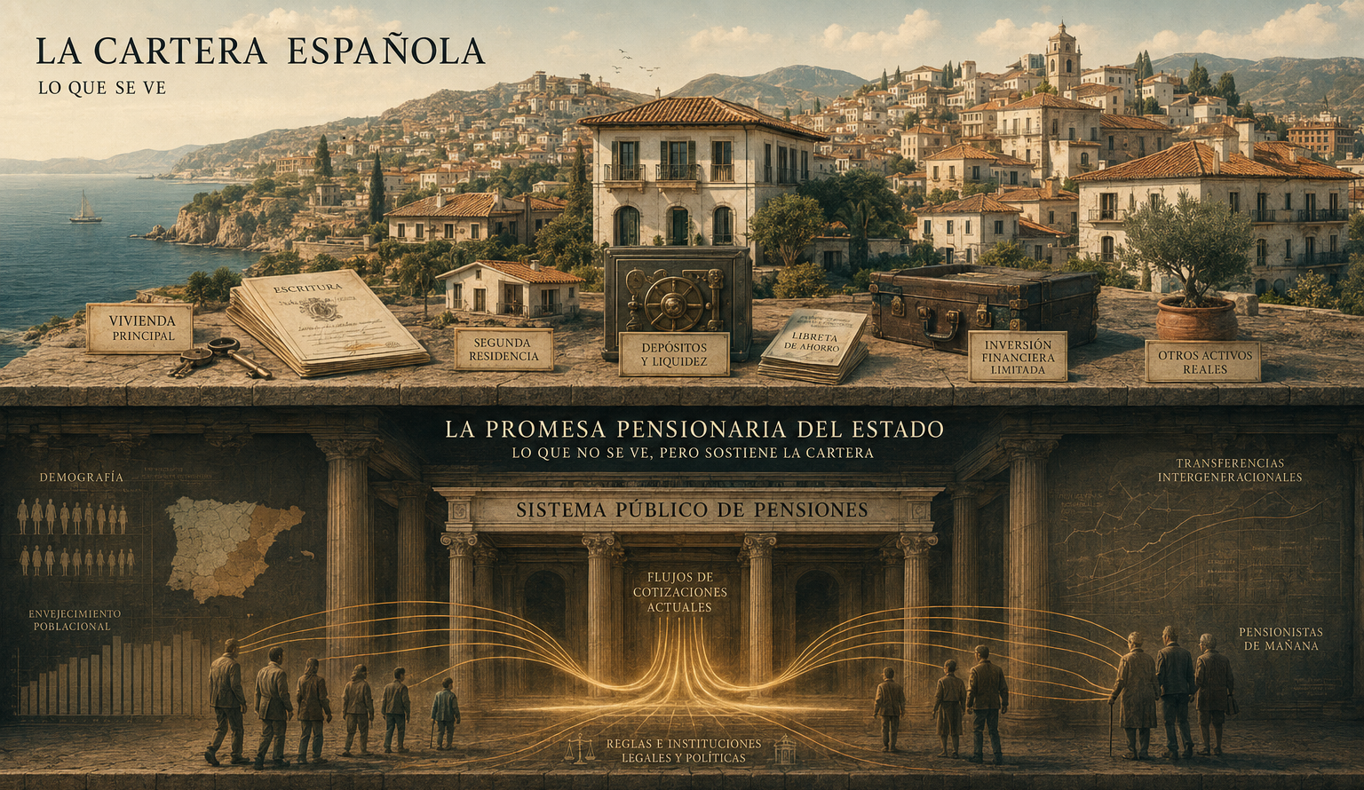 Editorial plate showing Spain's visible household portfolio and the pension promise of the state.