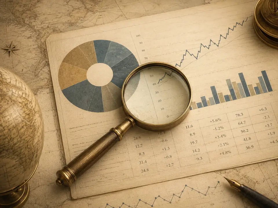 Magnifying glass over portfolio charts and financial data